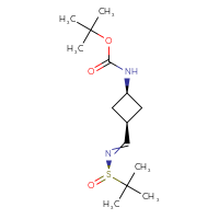Chemical structure of tert-butyl N-[(1s,3s)-3-({[(R)-2-methylpropane-2-sulfinyl]imino}methyl)cyclobutyl]carbamate - CSSB21332859900
