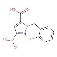 Chemical structure of 1-[(2-fluorophenyl)methyl]-3-nitro-1H-pyrazole-5-carboxylic acid - CSSB00020614691