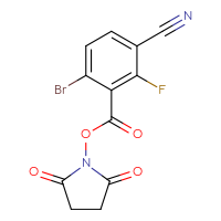 Chemical structure of 2,5-dioxopyrrolidin-1-yl 6-bromo-3-cyano-2-fluorobenzoate - CSSB20269749009