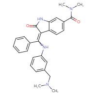 Chemical structure of 3-[({3-[(dimethylamino)methyl]phenyl}amino)(phenyl)methylidene]-N,N-dimethyl-2-oxo-2,3-dihydro-1H-indole-6-carboxamide - CSSB00015188941