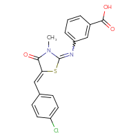 Chemical structure of 3-{[(5Z)-5-[(4-chlorophenyl)methylidene]-3-methyl-4-oxo-1,3-thiazolidin-2-ylidene]amino}benzoic acid - CSSB21380386220