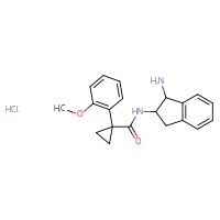 Chemical structure of N-(1-amino-2,3-dihydro-1H-inden-2-yl)-1-(2-methoxyphenyl)cyclopropane-1-carboxamide hydrochloride - CSSB20620704437