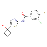 Chemical structure of 3-chloro-4-fluoro-N-[5-(1-hydroxycyclobutyl)-1,3-thiazol-2-yl]benzamide - CSSB00161156952