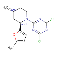 Chemical structure of rac-2,4-dichloro-6-[(2R,4R)-4-methyl-2-(5-methylfuran-2-yl)piperidin-1-yl]-1,3,5-triazine - CSSB21332061945