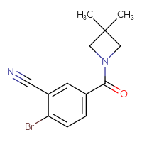 Chemical structure of 2-bromo-5-(3,3-dimethylazetidine-1-carbonyl)benzonitrile - CSSB06460310623
