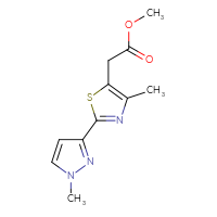 Chemical structure of methyl 2-[4-methyl-2-(1-methyl-1H-pyrazol-3-yl)-1,3-thiazol-5-yl]acetate - CSSB01997891556