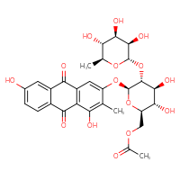 Chemical structure of [(2R,3S,4S,5R,6S)-6-[(4,7-dihydroxy-3-methyl-9,10-dioxo-9,10-dihydroanthracen-2-yl)oxy]-3,4-dihydroxy-5-{[(2S,3R,4R,5R,6S)-3,4,5-trihydroxy-6-methyloxan-2-yl]oxy}oxan-2-yl]methyl acetate - CSSB00159261920