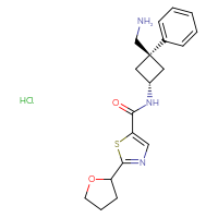 Chemical structure of 2-(oxolan-2-yl)-N-[(1r,3r)-3-(aminomethyl)-3-phenylcyclobutyl]-1,3-thiazole-5-carboxamide hydrochloride - CSSB00161156679