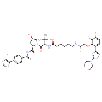 Chemical structure of (2S,4R)-1-[(2S)-2-[6-(2-{2,3-difluoro-6-[2-(morpholin-4-yl)-1,3-thiazol-4-yl]phenoxy}acetamido)hexanamido]-3,3-dimethylbutanoyl]-4-hydroxy-N-[(1S)-1-[4-(4-methyl-1,3-thiazol-5-yl)phenyl]ethyl]pyrrolidine-2-carboxamide - CSSB14813039732