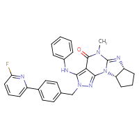 Chemical structure of (11R,15S)-4-{[4-(6-fluoropyridin-2-yl)phenyl]methyl}-8-methyl-5-(phenylamino)-1,3,4,8,10-pentaazatetracyclo[7.6.0.0²,⁶.0¹¹,¹⁵]pentadeca-2,5,9-trien-7-one - CSSB00102527076