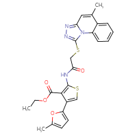 Chemical structure of ethyl 2-[2-({5-methyl-[1,2,4]triazolo[4,3-a]quinolin-1-yl}sulfanyl)acetamido]-4-(5-methylfuran-2-yl)thiophene-3-carboxylate - CSSB00028322030