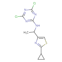 Chemical structure of 4,6-dichloro-N-[1-(2-cyclopropyl-1,3-thiazol-4-yl)ethyl]-1,3,5-triazin-2-amine - CSSB21332129457