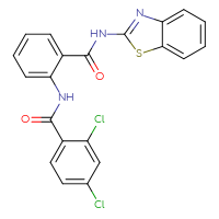 Chemical structure of N-{2-[(1,3-benzothiazol-2-yl)carbamoyl]phenyl}-2,4-dichlorobenzamide - CSSB00121730050