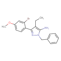 Chemical structure of 1-benzyl-3-(2-bromo-4-methoxyphenyl)-4-ethyl-1H-pyrazol-5-amine - CSSB00020652279