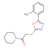 Chemical structure of 2-{[5-(2-methylphenyl)-1,3,4-oxadiazol-2-yl]sulfanyl}-1-(piperidin-1-yl)ethan-1-one - CSSB00046127857