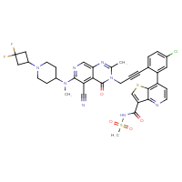 Chemical structure of 7-{5-chloro-2-[3-(5-cyano-6-{[1-(3,3-difluorocyclobutyl)piperidin-4-yl](methyl)amino}-2-methyl-4-oxo-3H,4H-pyrido[3,4-d]pyrimidin-3-yl)prop-1-yn-1-yl]phenyl}-N-methanesulfonylthieno[3,2-b]pyridine-3-carboxamide - CSSB06454646911