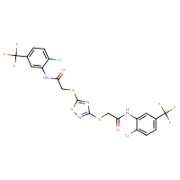 Chemical structure of N-[2-chloro-5-(trifluoromethyl)phenyl]-2-({3-[({[2-chloro-5-(trifluoromethyl)phenyl]carbamoyl}methyl)sulfanyl]-1,2,4-thiadiazol-5-yl}sulfanyl)acetamide - CSSB00102597901