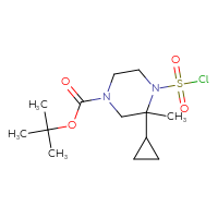 Chemical structure of tert-butyl 4-(chlorosulfonyl)-3-cyclopropyl-3-methylpiperazine-1-carboxylate - CSSB00155191816