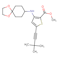 Chemical structure of methyl 5-(3,3-dimethylbut-1-yn-1-yl)-3-({1,4-dioxaspiro[4.5]decan-8-yl}amino)thiophene-2-carboxylate - CSSB20621662442