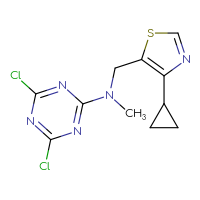 Chemical structure of 4,6-dichloro-N-[(4-cyclopropyl-1,3-thiazol-5-yl)methyl]-N-methyl-1,3,5-triazin-2-amine - CSSB06746862256
