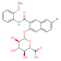Chemical structure of (2S,3S,4S,5R,6S)-6-({6-bromo-3-[(2-methoxyphenyl)carbamoyl]naphthalen-2-yl}oxy)-3,4,5-trihydroxyoxane-2-carboxylic acid - CSSB00000053567