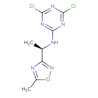 Chemical structure of 4,6-dichloro-N-[(1R)-1-(5-methyl-1,2,4-oxadiazol-3-yl)ethyl]-1,3,5-triazin-2-amine - CSSB20482029530