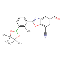 Chemical structure of 5-formyl-2-[2-methyl-3-(4,4,5,5-tetramethyl-1,3,2-dioxaborolan-2-yl)phenyl]-1,3-benzoxazole-7-carbonitrile - CSSB06645087461