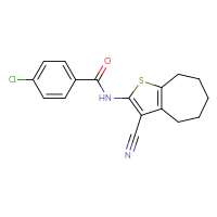 Chemical structure of 4-chloro-N-{3-cyano-4H,5H,6H,7H,8H-cyclohepta[b]thiophen-2-yl}benzamide - CSSB00028324709