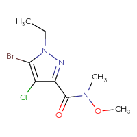 Chemical structure of 5-bromo-4-chloro-1-ethyl-N-methoxy-N-methyl-1H-pyrazole-3-carboxamide - CSSB01148880315