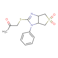 Chemical structure of 2-[(2-oxopropyl)sulfanyl]-1-phenyl-1H,3aH,4H,6H,6aH-5λ⁶-thieno[3,4-d]imidazole-5,5-dione - CSSB00121608764