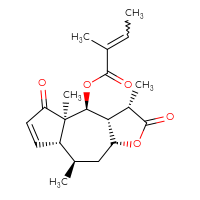 Chemical structure of (3S,3aR,4S,4aR,7aR,8R,9aR)-3,4a,8-trimethyl-2,5-dioxo-2H,3H,3aH,4H,4aH,5H,7aH,8H,9H,9aH-azuleno[6,5-b]furan-4-yl 2-methylbut-2-enoate - CSSB15546171198