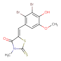 Chemical structure of (5Z)-5-[(2,3-dibromo-4-hydroxy-5-methoxyphenyl)methylidene]-3-methyl-2-sulfanylidene-1,3-thiazolidin-4-one - CSSB02267478434