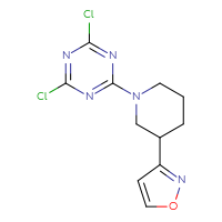 Chemical structure of 2,4-dichloro-6-[3-(1,2-oxazol-3-yl)piperidin-1-yl]-1,3,5-triazine - CSSB21332075037